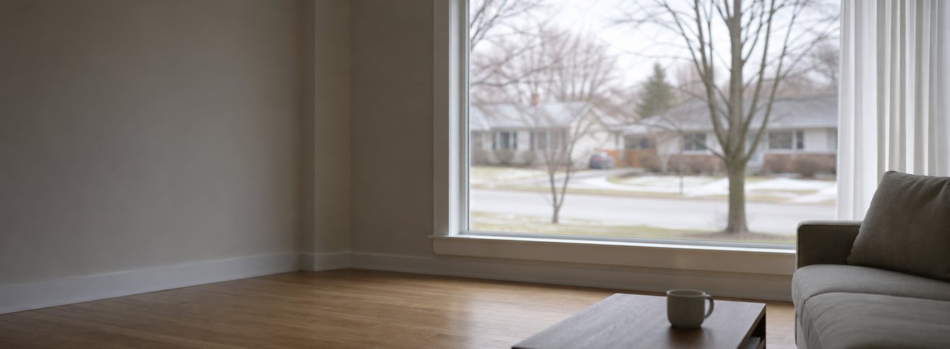 A living room looking out through a large window onto a quiet residential street on an overcast winter morning.